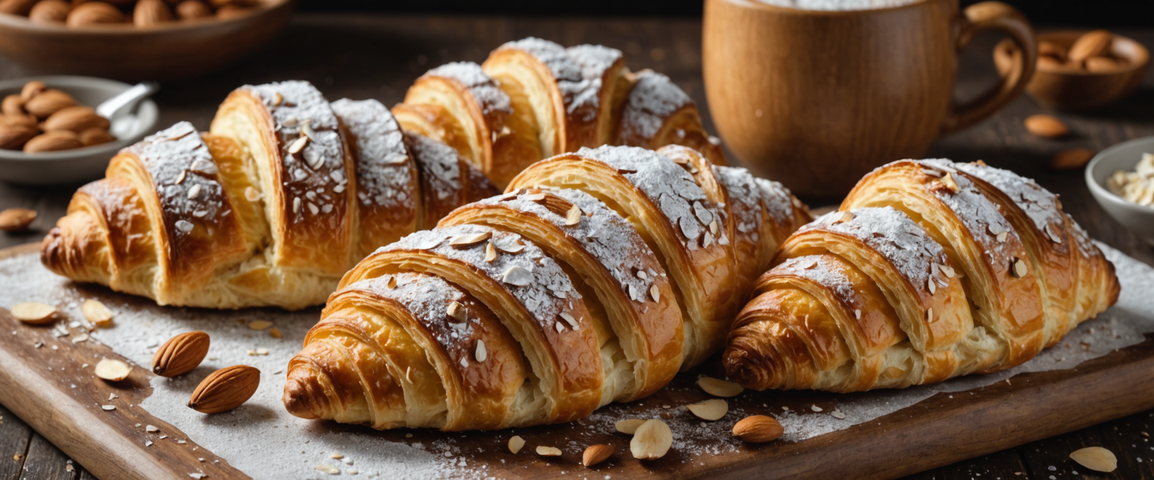 Almond croissants with sliced almonds and powdered sugar