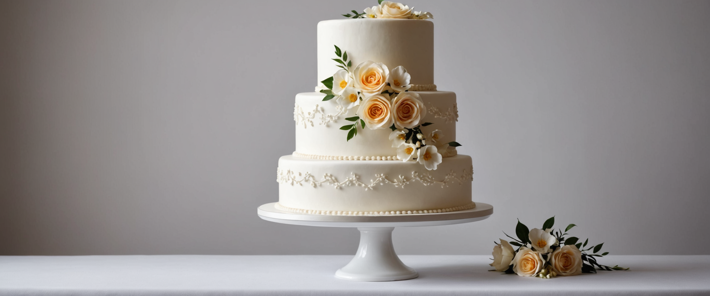 Elegant multi-tier white wedding cake with floral decorations
