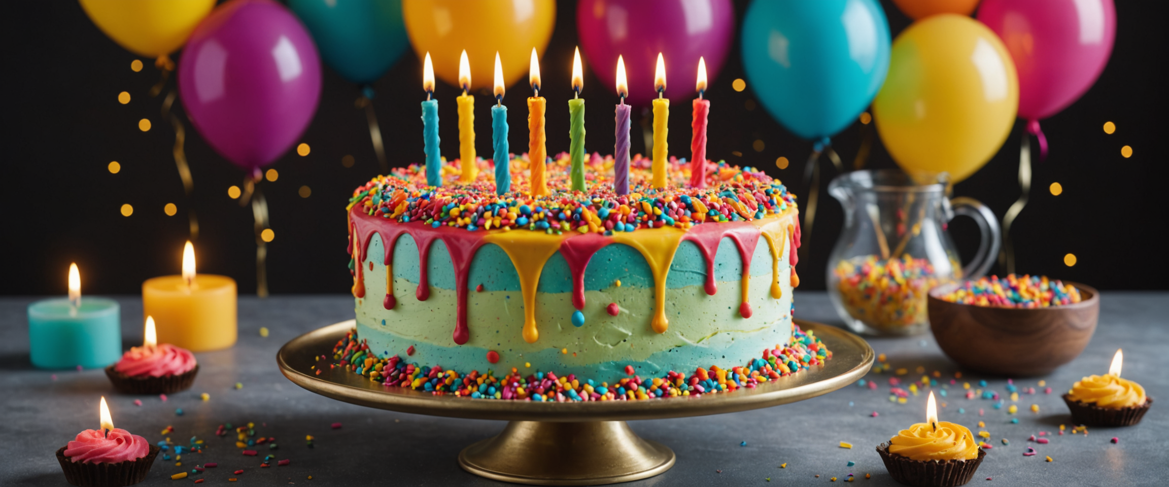 Colorful custom birthday cake with candles and frosting