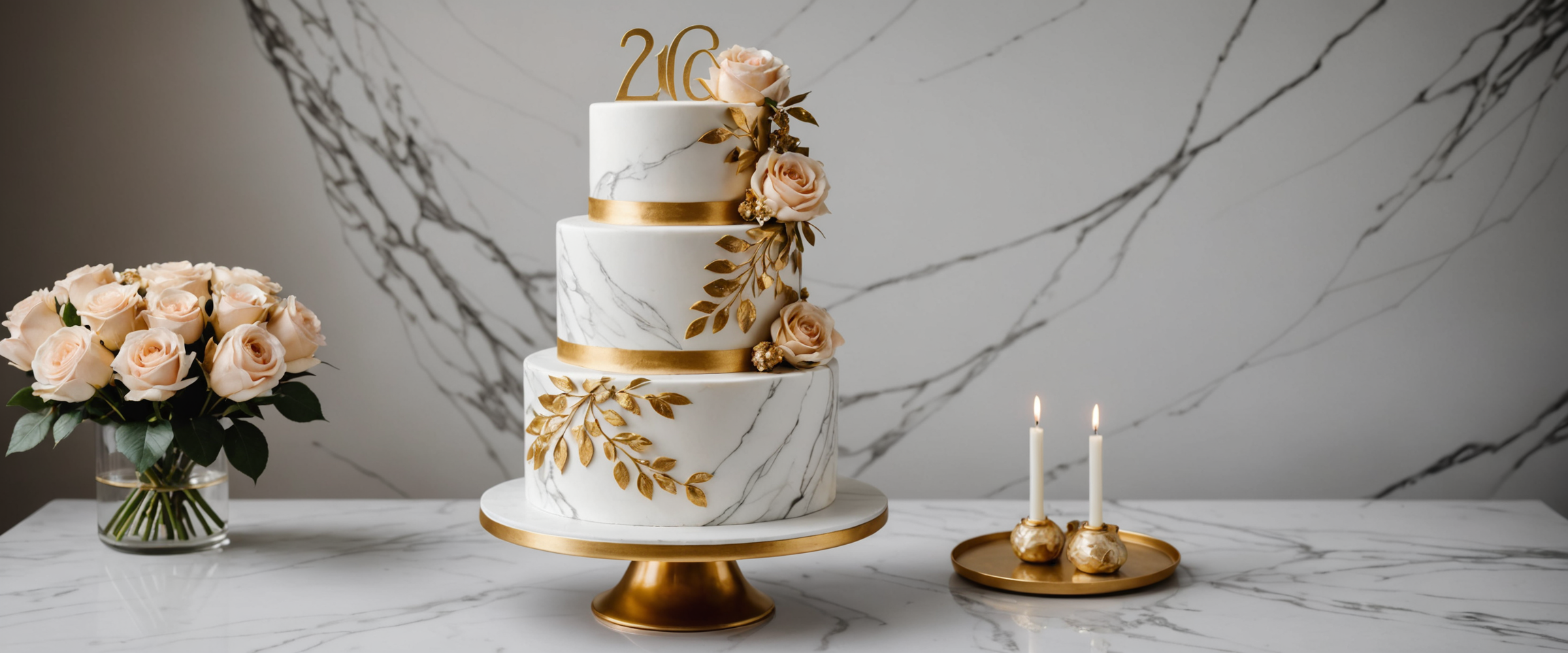 Sophisticated anniversary cake with gold accents and roses