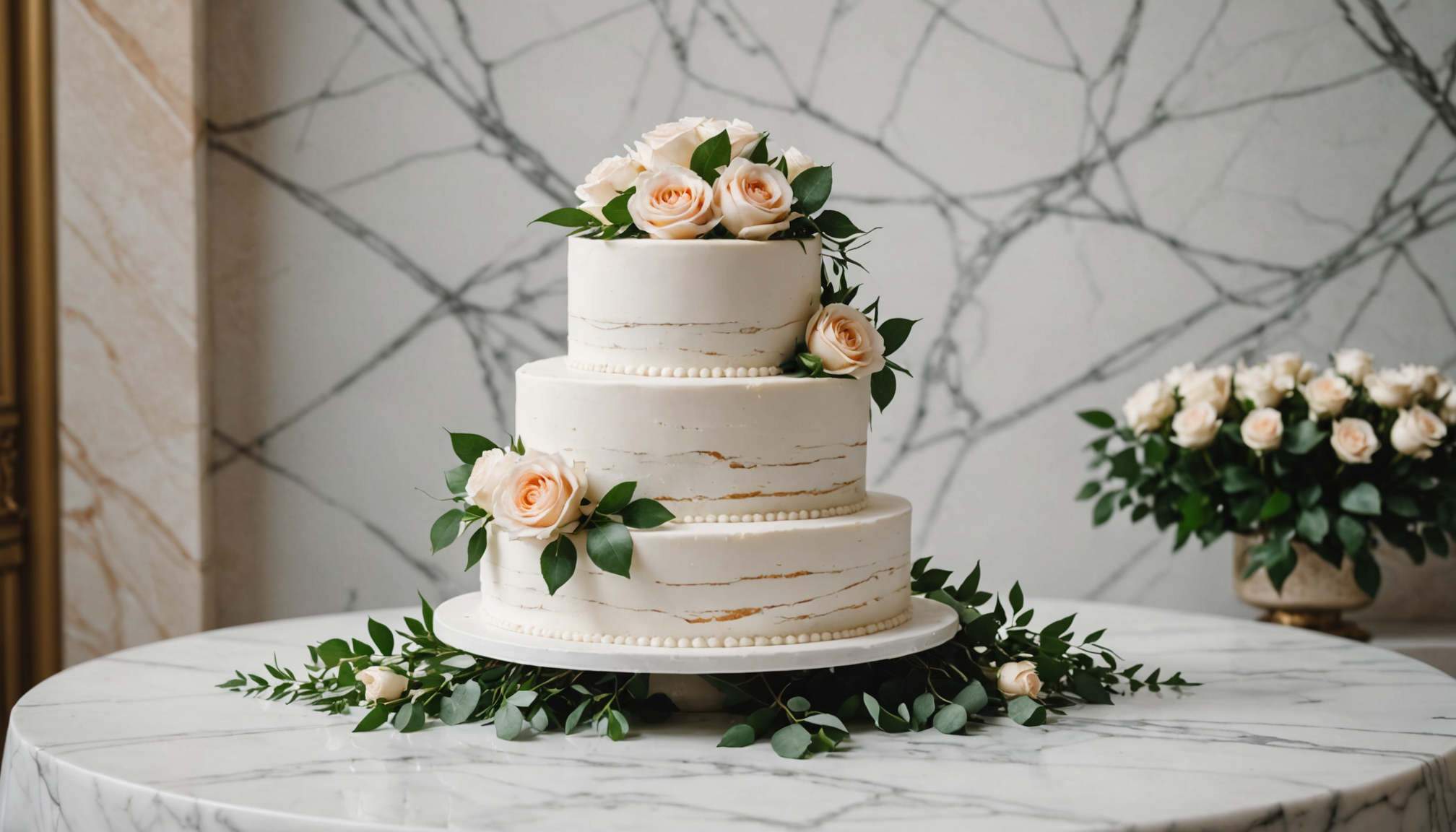 Elegant tiered white wedding cake with floral decorations